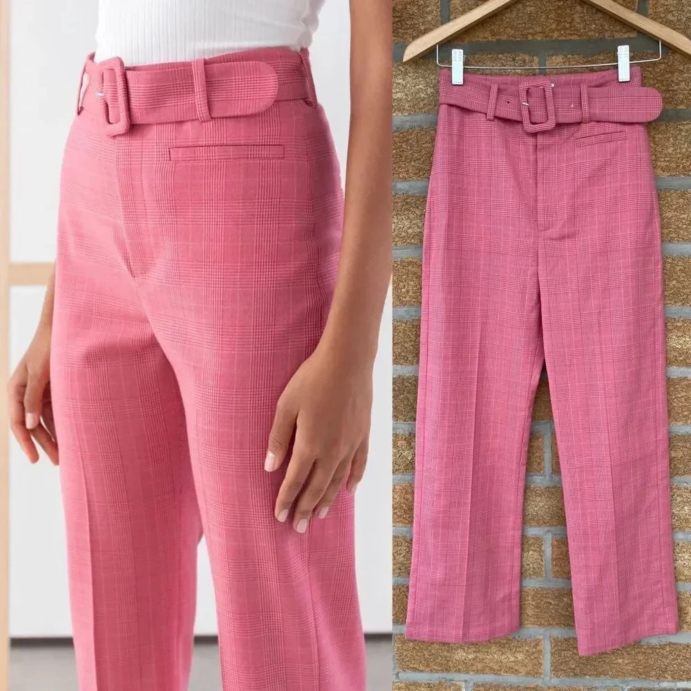 & Other Stories Belted Plaid Kick Flare Trousers 0 - Picture 3 of 13